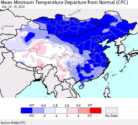 China, Mongolia and Taiwan Mean Minimum Temperature Departure from Normal (CPC) Thematic Map For 12/18/2023 - 12/24/2023