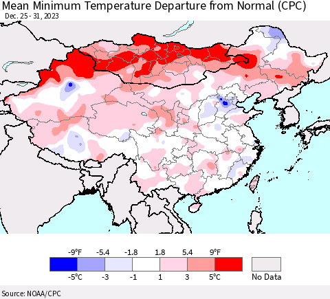 China, Mongolia and Taiwan Mean Minimum Temperature Departure from Normal (CPC) Thematic Map For 12/25/2023 - 12/31/2023