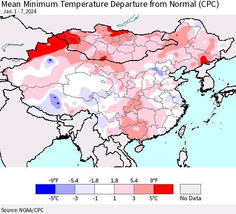 China, Mongolia and Taiwan Mean Minimum Temperature Departure from Normal (CPC) Thematic Map For 1/1/2024 - 1/7/2024