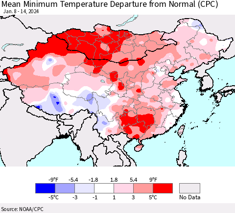 China, Mongolia and Taiwan Mean Minimum Temperature Departure from Normal (CPC) Thematic Map For 1/8/2024 - 1/14/2024