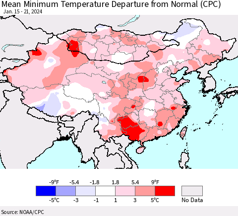 China, Mongolia and Taiwan Mean Minimum Temperature Departure from Normal (CPC) Thematic Map For 1/15/2024 - 1/21/2024