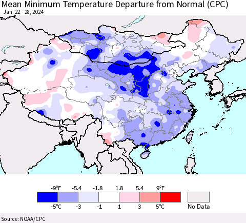 China, Mongolia and Taiwan Mean Minimum Temperature Departure from Normal (CPC) Thematic Map For 1/22/2024 - 1/28/2024