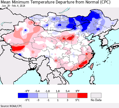 China, Mongolia and Taiwan Mean Minimum Temperature Departure from Normal (CPC) Thematic Map For 1/29/2024 - 2/4/2024