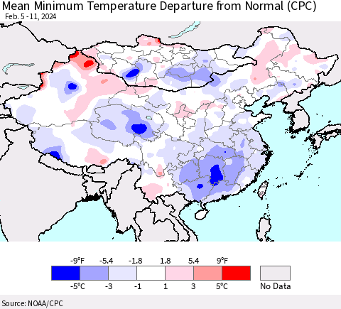 China, Mongolia and Taiwan Mean Minimum Temperature Departure from Normal (CPC) Thematic Map For 2/5/2024 - 2/11/2024