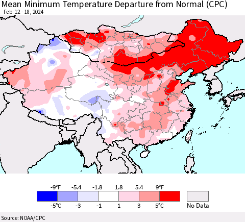 China, Mongolia and Taiwan Mean Minimum Temperature Departure from Normal (CPC) Thematic Map For 2/12/2024 - 2/18/2024