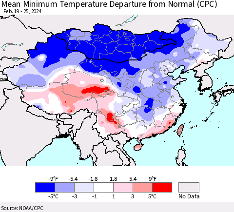 China, Mongolia and Taiwan Mean Minimum Temperature Departure from Normal (CPC) Thematic Map For 2/19/2024 - 2/25/2024