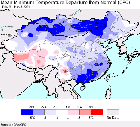China, Mongolia and Taiwan Mean Minimum Temperature Departure from Normal (CPC) Thematic Map For 2/26/2024 - 3/3/2024