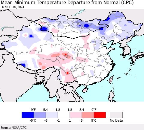 China, Mongolia and Taiwan Mean Minimum Temperature Departure from Normal (CPC) Thematic Map For 3/4/2024 - 3/10/2024