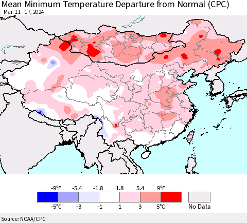 China, Mongolia and Taiwan Mean Minimum Temperature Departure from Normal (CPC) Thematic Map For 3/11/2024 - 3/17/2024