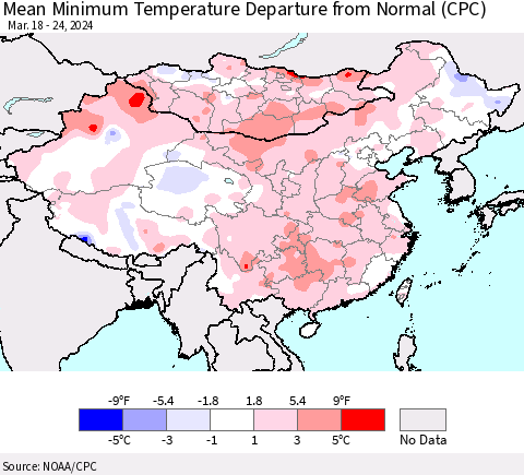 China, Mongolia and Taiwan Mean Minimum Temperature Departure from Normal (CPC) Thematic Map For 3/18/2024 - 3/24/2024