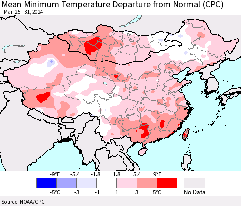 China, Mongolia and Taiwan Mean Minimum Temperature Departure from Normal (CPC) Thematic Map For 3/25/2024 - 3/31/2024