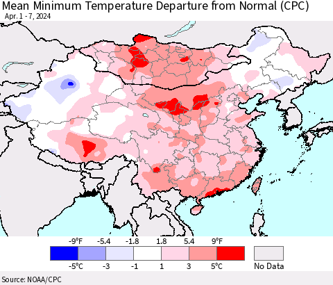 China, Mongolia and Taiwan Mean Minimum Temperature Departure from Normal (CPC) Thematic Map For 4/1/2024 - 4/7/2024