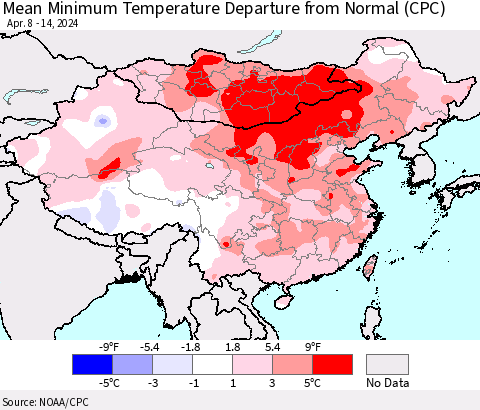 China, Mongolia and Taiwan Mean Minimum Temperature Departure from Normal (CPC) Thematic Map For 4/8/2024 - 4/14/2024
