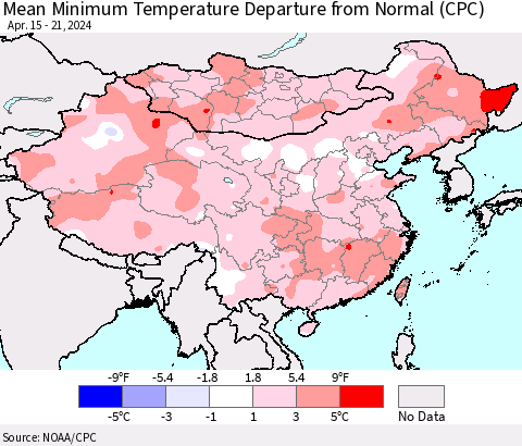 China, Mongolia and Taiwan Mean Minimum Temperature Departure from Normal (CPC) Thematic Map For 4/15/2024 - 4/21/2024