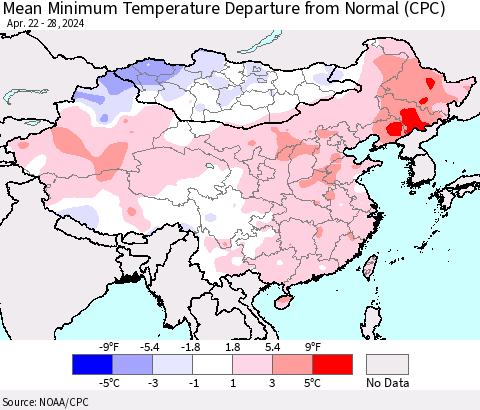 China, Mongolia and Taiwan Mean Minimum Temperature Departure from Normal (CPC) Thematic Map For 4/22/2024 - 4/28/2024