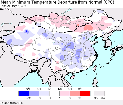 China, Mongolia and Taiwan Mean Minimum Temperature Departure from Normal (CPC) Thematic Map For 4/29/2024 - 5/5/2024