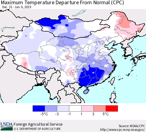 China and Taiwan Mean Maximum Temperature Departure from Normal (CPC) Thematic Map For 12/31/2018 - 1/6/2019