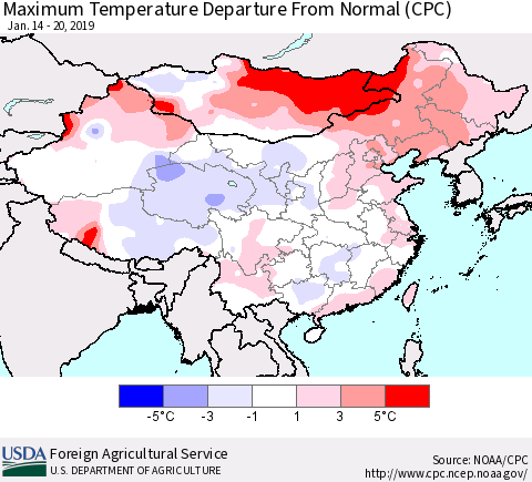 China, Mongolia and Taiwan Mean Maximum Temperature Departure from Normal (CPC) Thematic Map For 1/14/2019 - 1/20/2019