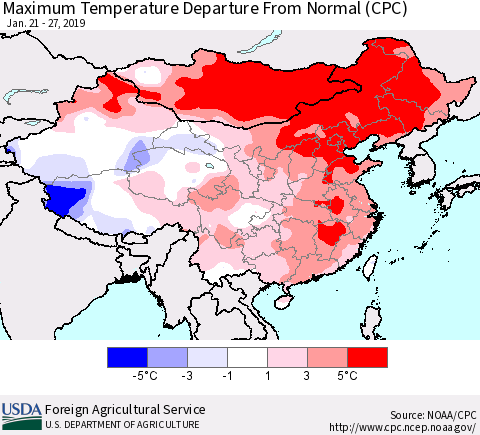 China, Mongolia and Taiwan Mean Maximum Temperature Departure from Normal (CPC) Thematic Map For 1/21/2019 - 1/27/2019