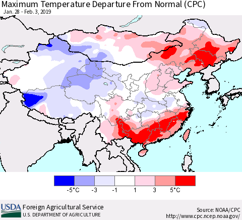 China and Taiwan Mean Maximum Temperature Departure from Normal (CPC) Thematic Map For 1/28/2019 - 2/3/2019