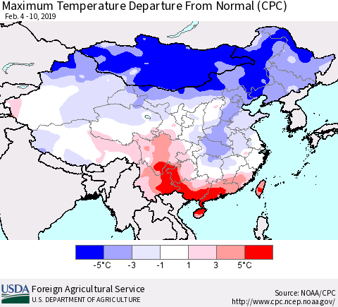 China and Taiwan Mean Maximum Temperature Departure from Normal (CPC) Thematic Map For 2/4/2019 - 2/10/2019