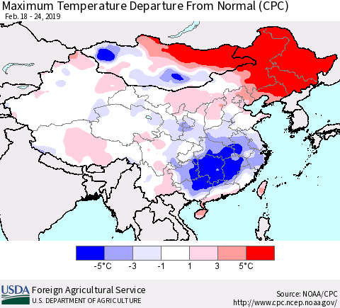 China and Taiwan Mean Maximum Temperature Departure from Normal (CPC) Thematic Map For 2/18/2019 - 2/24/2019