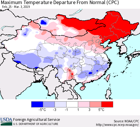 China and Taiwan Mean Maximum Temperature Departure from Normal (CPC) Thematic Map For 2/25/2019 - 3/3/2019