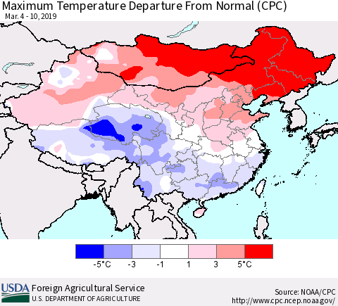 China and Taiwan Mean Maximum Temperature Departure from Normal (CPC) Thematic Map For 3/4/2019 - 3/10/2019
