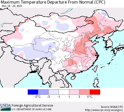 China and Taiwan Mean Maximum Temperature Departure from Normal (CPC) Thematic Map For 3/18/2019 - 3/24/2019