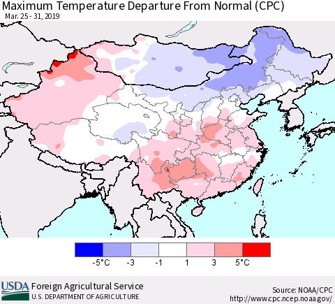 China, Mongolia and Taiwan Mean Maximum Temperature Departure from Normal (CPC) Thematic Map For 3/25/2019 - 3/31/2019