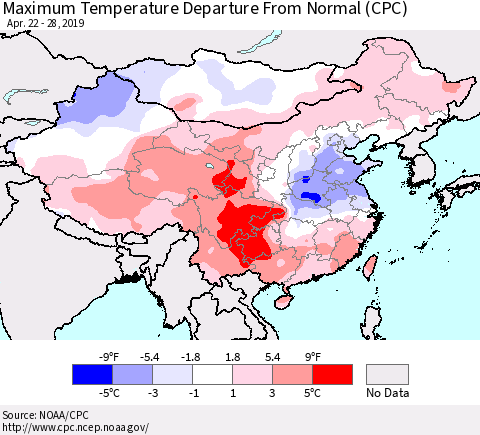 China and Taiwan Maximum Temperature Departure From Normal (CPC) Thematic Map For 4/22/2019 - 4/28/2019