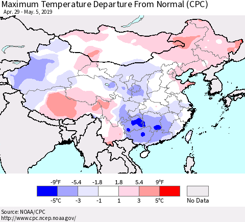 China, Mongolia and Taiwan Mean Maximum Temperature Departure from Normal (CPC) Thematic Map For 4/29/2019 - 5/5/2019