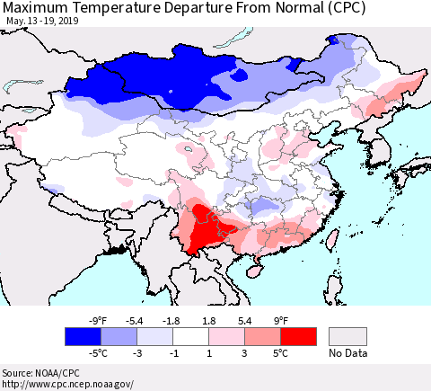 China and Taiwan Mean Maximum Temperature Departure from Normal (CPC) Thematic Map For 5/13/2019 - 5/19/2019