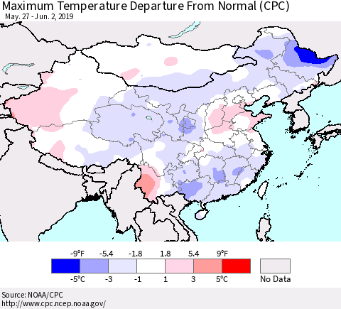 China, Mongolia and Taiwan Mean Maximum Temperature Departure from Normal (CPC) Thematic Map For 5/27/2019 - 6/2/2019