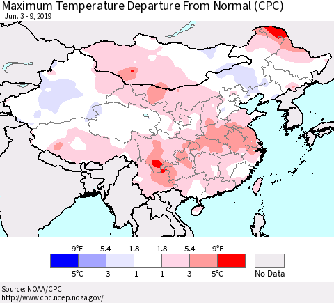 China and Taiwan Mean Maximum Temperature Departure from Normal (CPC) Thematic Map For 6/3/2019 - 6/9/2019