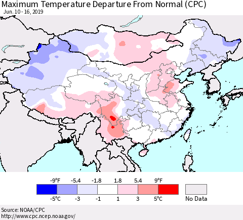 China and Taiwan Maximum Temperature Departure From Normal (CPC) Thematic Map For 6/10/2019 - 6/16/2019