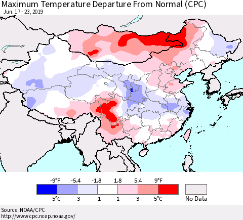 China and Taiwan Maximum Temperature Departure From Normal (CPC) Thematic Map For 6/17/2019 - 6/23/2019