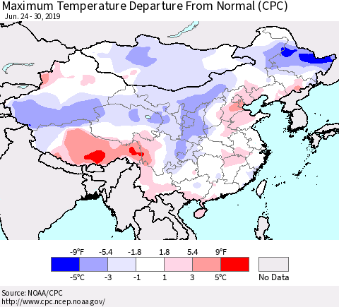 China, Mongolia and Taiwan Mean Maximum Temperature Departure from Normal (CPC) Thematic Map For 6/24/2019 - 6/30/2019