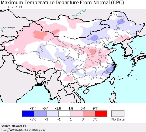 China and Taiwan Maximum Temperature Departure From Normal (CPC) Thematic Map For 7/1/2019 - 7/7/2019