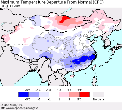 China, Mongolia and Taiwan Mean Maximum Temperature Departure from Normal (CPC) Thematic Map For 7/8/2019 - 7/14/2019