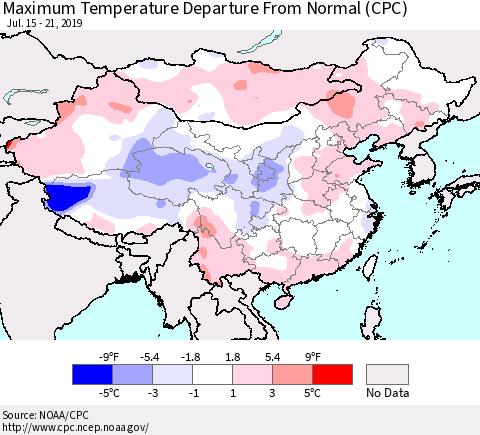 China and Taiwan Maximum Temperature Departure From Normal (CPC) Thematic Map For 7/15/2019 - 7/21/2019