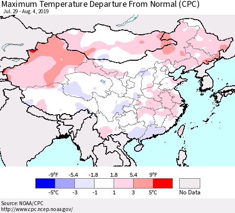 China and Taiwan Maximum Temperature Departure From Normal (CPC) Thematic Map For 7/29/2019 - 8/4/2019