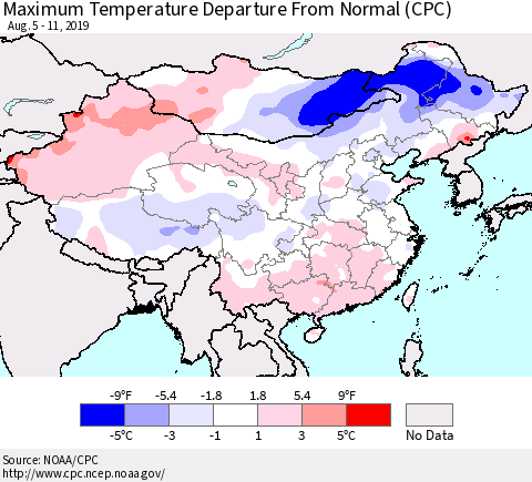 China and Taiwan Maximum Temperature Departure From Normal (CPC) Thematic Map For 8/5/2019 - 8/11/2019
