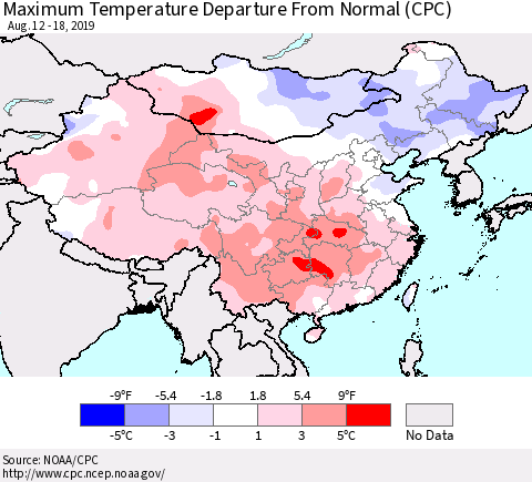 China, Mongolia and Taiwan Mean Maximum Temperature Departure from Normal (CPC) Thematic Map For 8/12/2019 - 8/18/2019