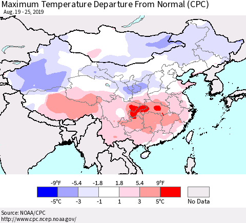 China and Taiwan Maximum Temperature Departure From Normal (CPC) Thematic Map For 8/19/2019 - 8/25/2019