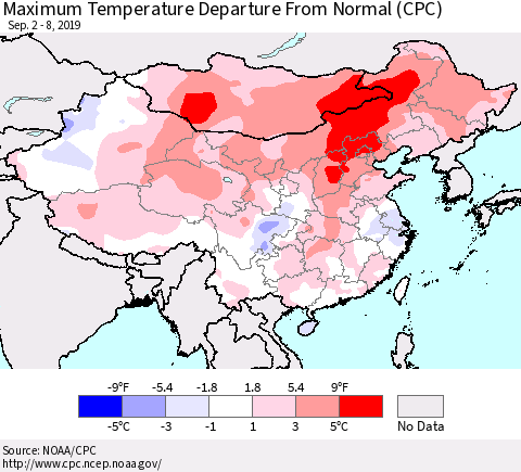China and Taiwan Maximum Temperature Departure From Normal (CPC) Thematic Map For 9/2/2019 - 9/8/2019