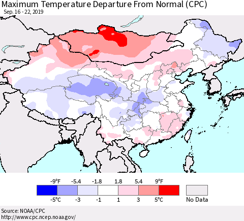 China and Taiwan Maximum Temperature Departure From Normal (CPC) Thematic Map For 9/16/2019 - 9/22/2019