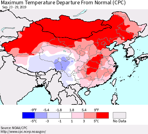 China and Taiwan Mean Maximum Temperature Departure from Normal (CPC) Thematic Map For 9/23/2019 - 9/29/2019
