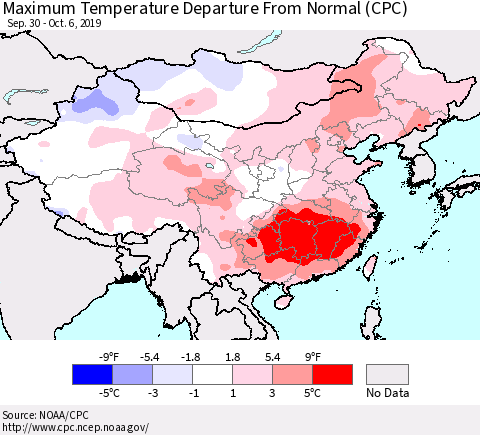 China, Mongolia and Taiwan Mean Maximum Temperature Departure from Normal (CPC) Thematic Map For 9/30/2019 - 10/6/2019