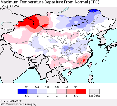 China and Taiwan Maximum Temperature Departure From Normal (CPC) Thematic Map For 10/7/2019 - 10/13/2019